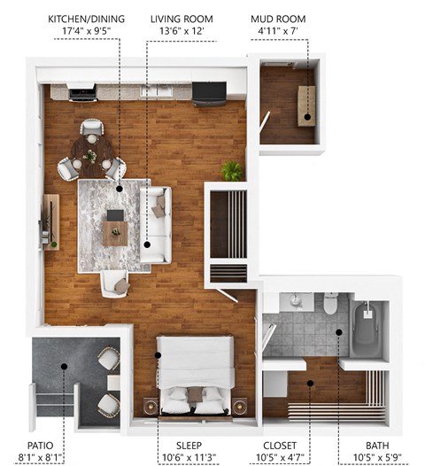 Floor plan for 1 bed, 1 bath, 519 sqft